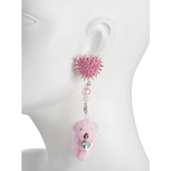 Betsey Johnson Crystal Spikey Pave Heart Pink Fuzzy Teddy Bear Drop Earrings - Picture 2 of 4